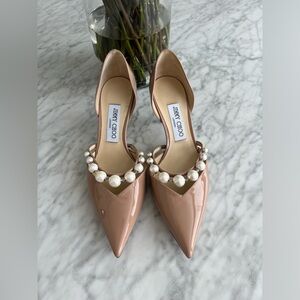 Jimmy Choo Aurelie Imitation Pearl
Strap Pointed Toe Pump 38.5 Nude Heel